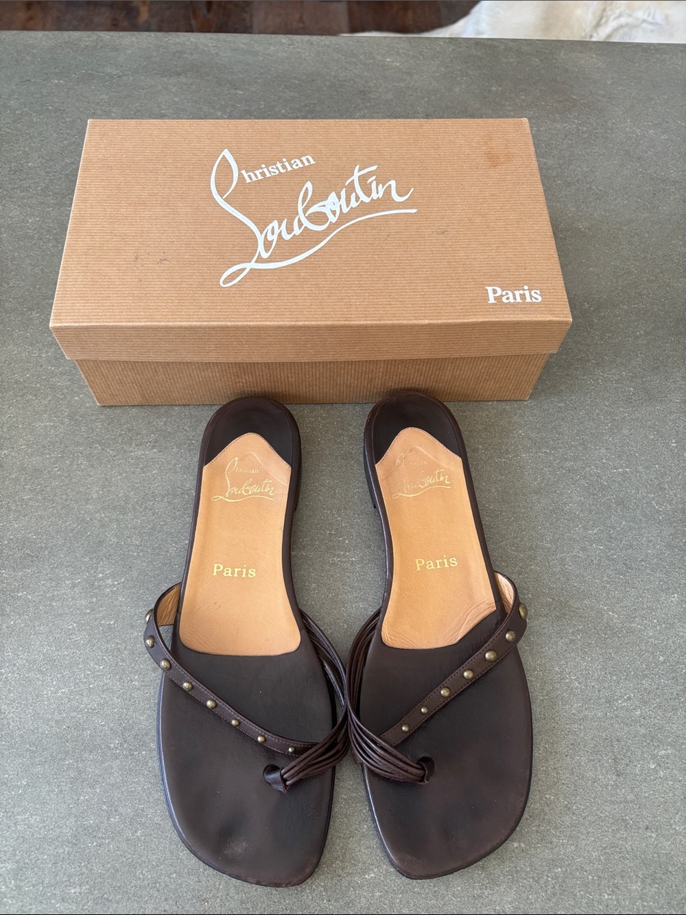 Christian Louboutin Dark Brown Leather Studded Slide Sandals